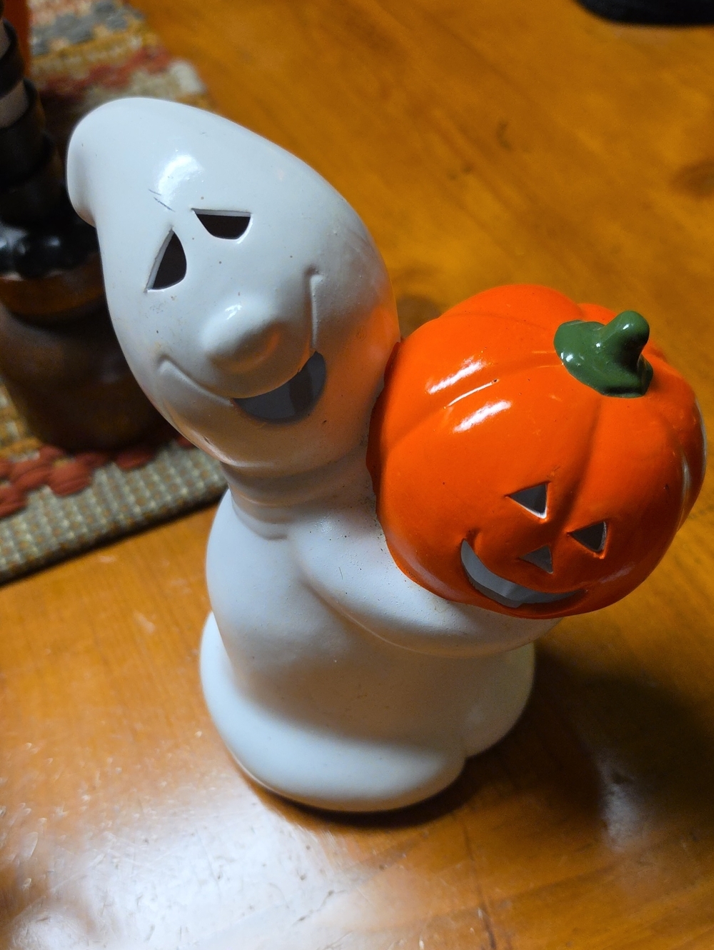 Ceramic White Ghost Figurine with Orange Pumpkin Accent - Halloween Decor